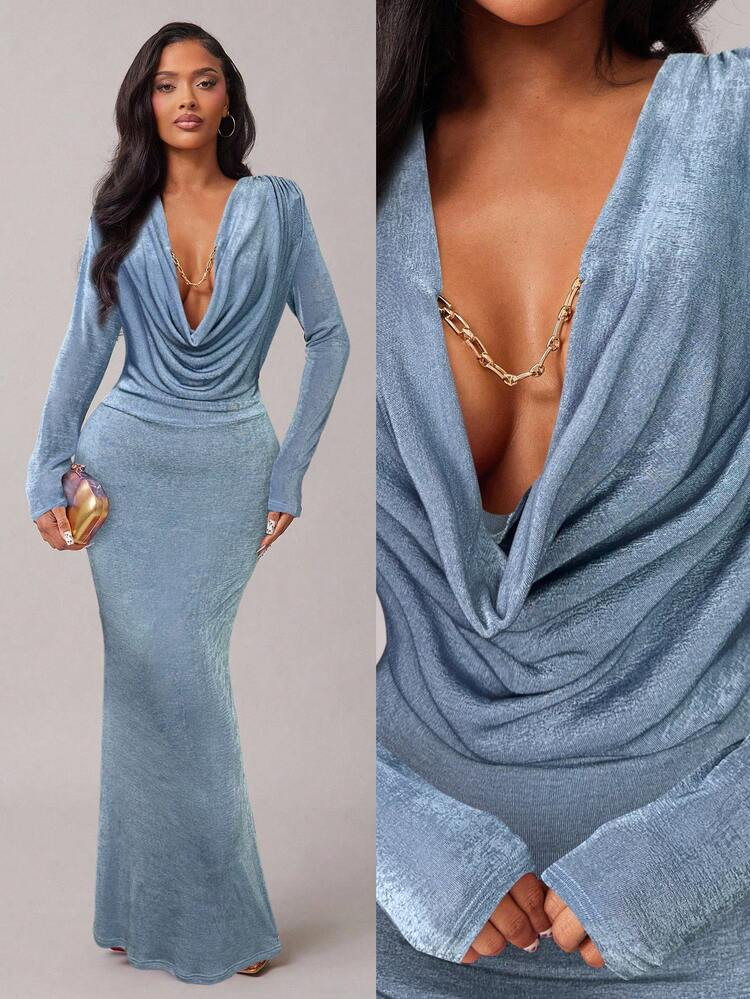 Radiana Vestido largo de manga larga con cuello drapeado y cola de pez elegante color borgoña, a... | SHEIN