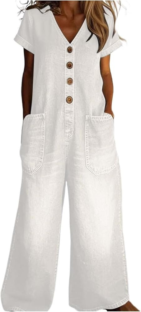 Womens Denim Jumpsuit Short Sleeve Button Down Lapel Shirt Wide Leg Romper with Pockets Casual Lo... | Amazon (US)