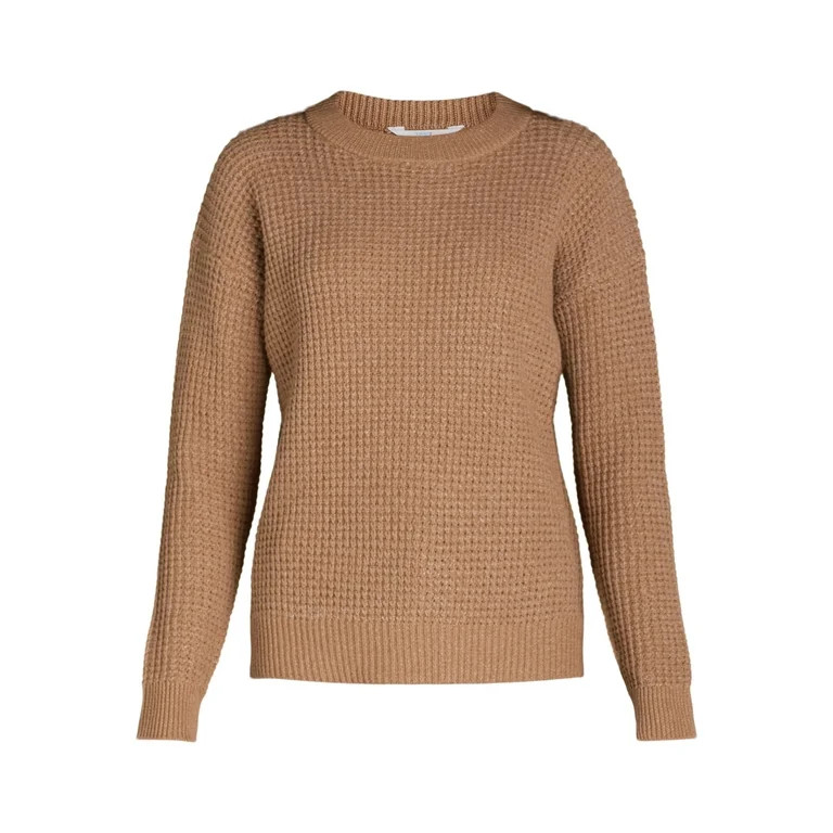 Time and Tru Women's and Women's Plus Waffle Stitch Sweater with Long Sleeves, Midweight, Sizes X... | Walmart (US)
