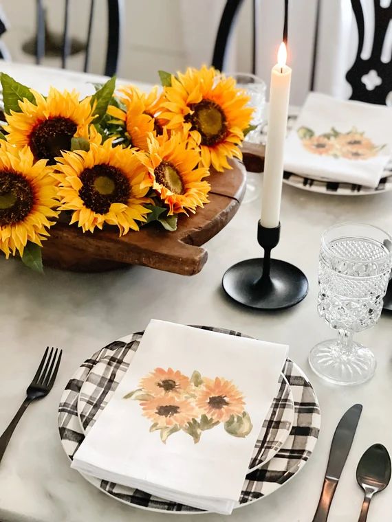 Sunflower Napkin, Fall Napkin, Dinner Napkins, Custom Napkins, Fall Leaf Bouquet, White or Natura... | Etsy (US)