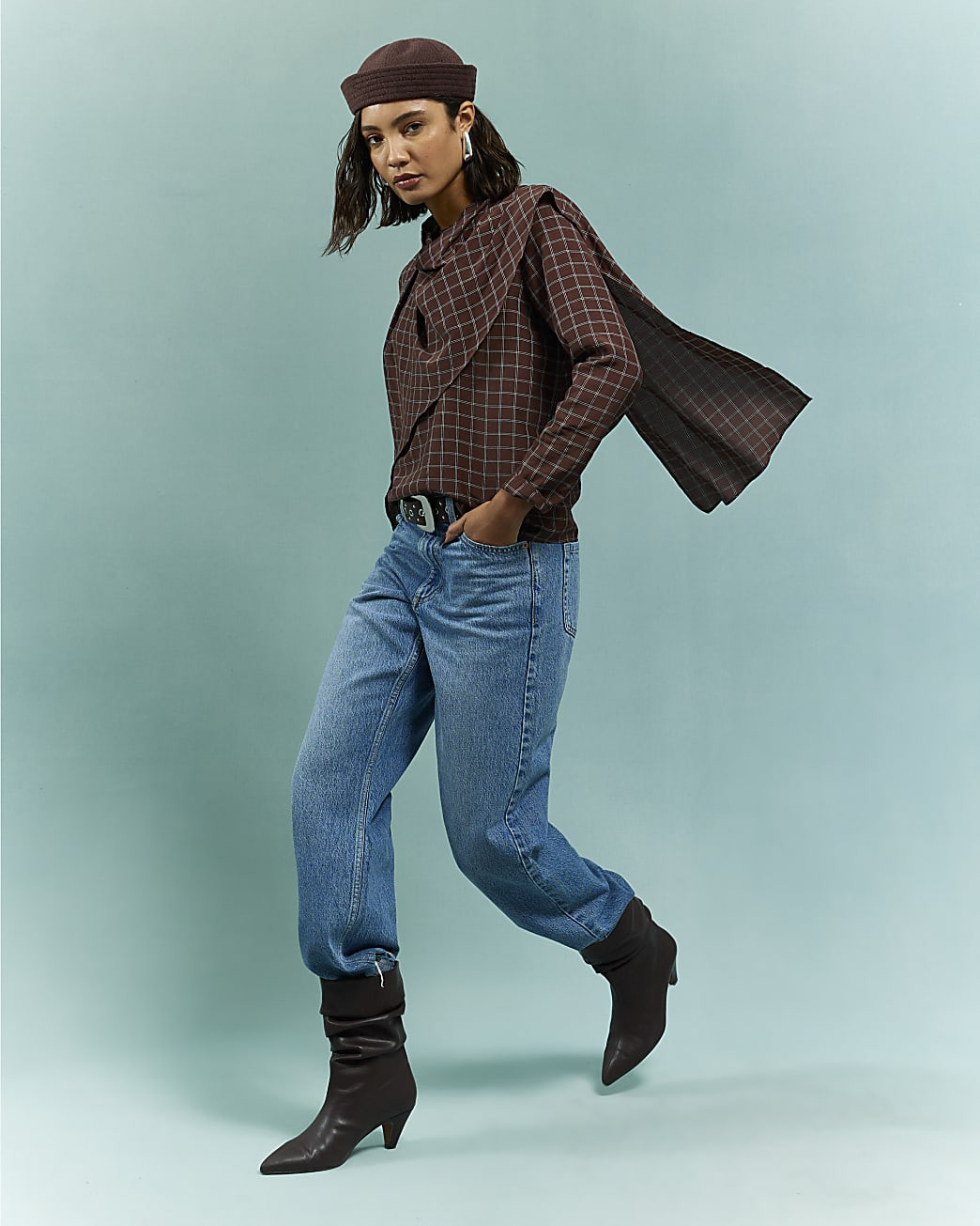 Brown Check Cowl Neck Drape Blouse | River Island UK & IE