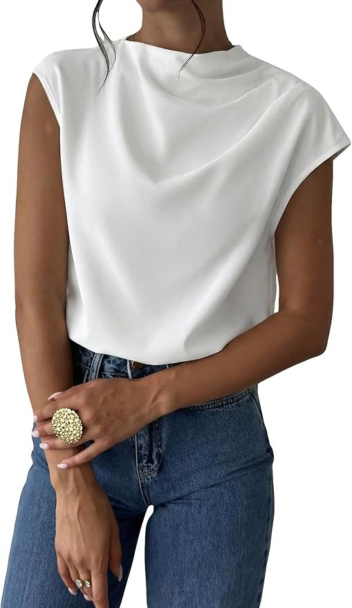 MakeMeChic Women's Draped Neck Tops Cap Sleeve Mock Neck Keyhole Work Shirt Summer Blouse | Amazon (US)