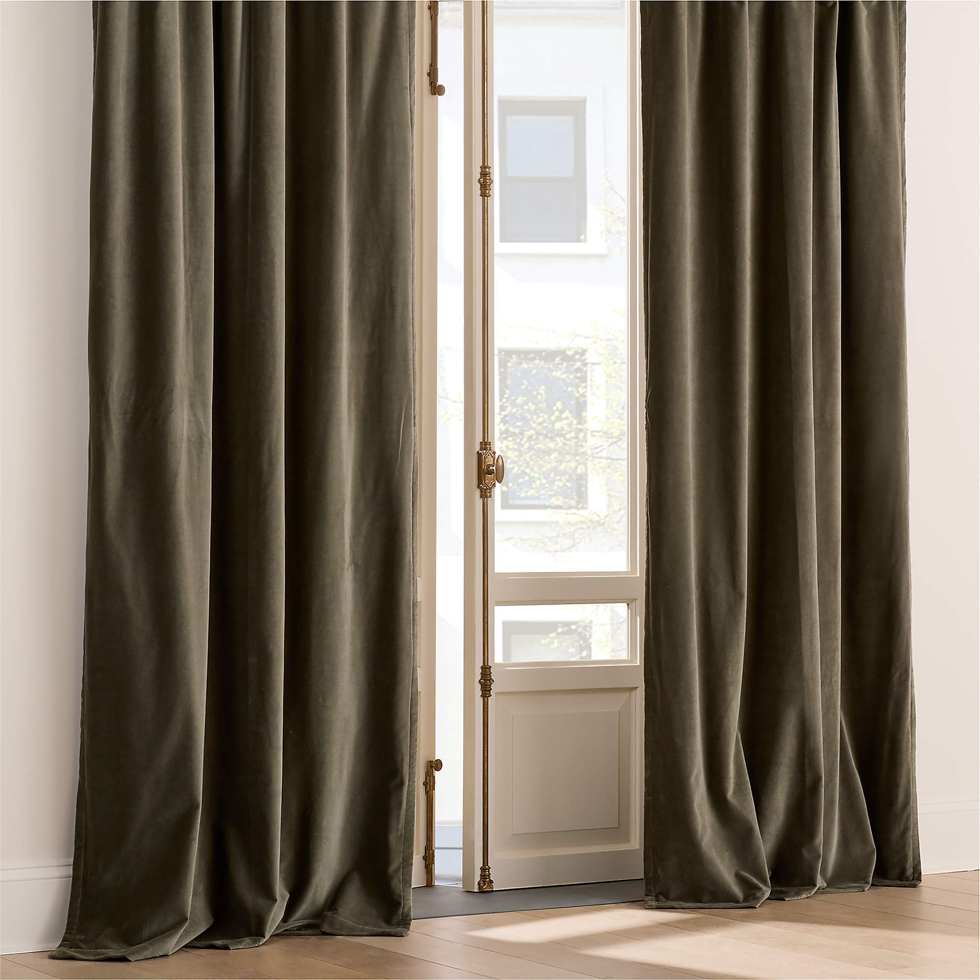 Olive Green Organic Cotton Velvet Window Curtain Panel 48"x84" + Reviews | CB2 | CB2