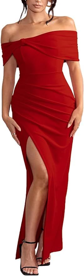 LYANER Women’s Off Shoulder Ruched Short Sleeve High Slit Bodycon Party Cocktail Maxi Dress | Amazon (US)