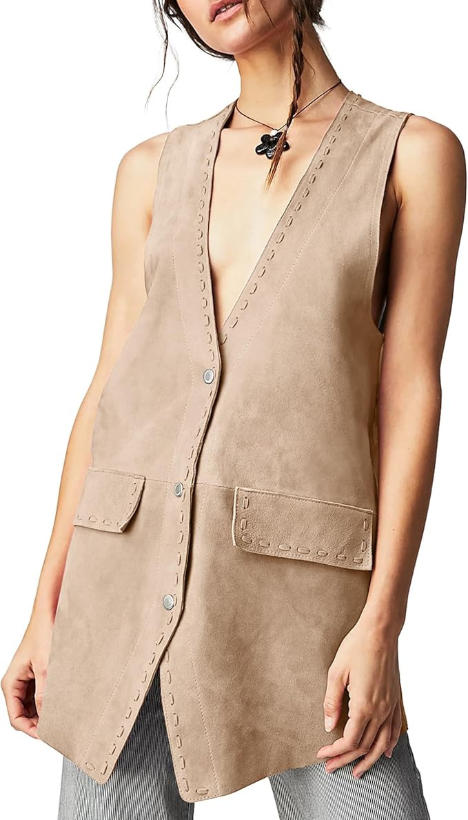 Gacaky Womens 2024 Fall Suede Vest Oversized Fully Lined Button Down V-Neck Western Suede Vest Ja... | Amazon (US)