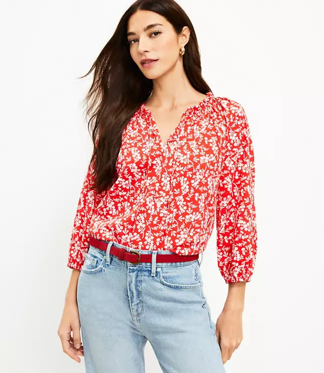 Floral Ruffle Tie Neck Blouse | LOFT