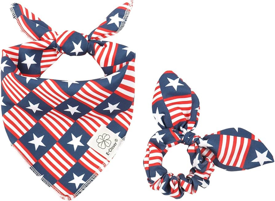 E-Clover 4th of July Dog Bandanas & Matching Scrunchie Set American Flag Dog Scarf Washable Patri... | Amazon (US)