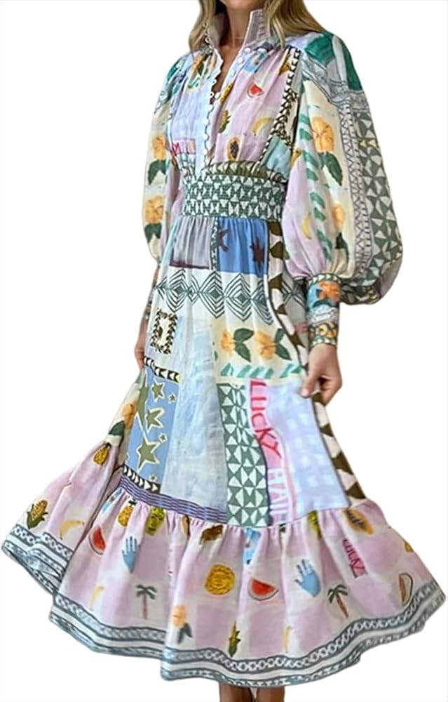 Puff Sleeve Maxi Dress - Women's Summer Graffiti Y2k Vintage Boho Tropical Floral Colorful Dress | Amazon (US)