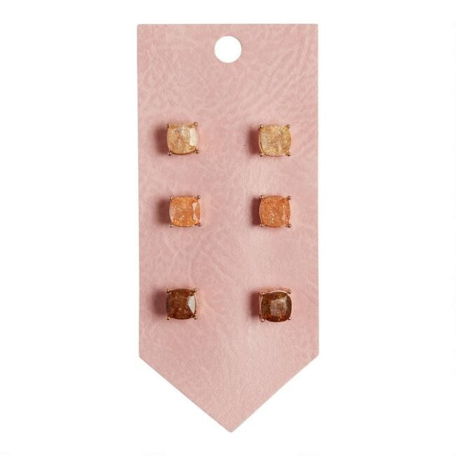 Ivory, Peach And Gray Crackle Glass Stud Earrings 3 Pack | World Market