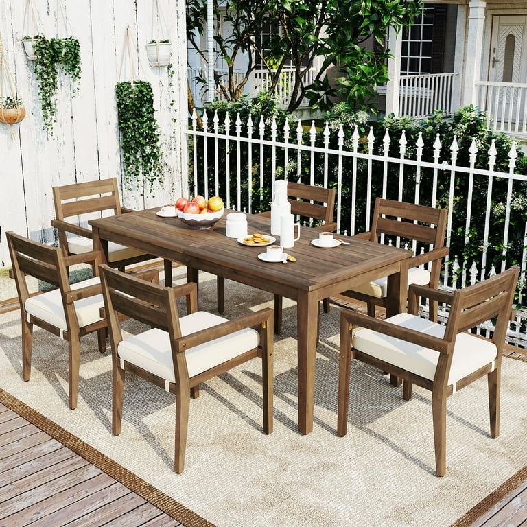 Churanty 7 Piece Acacia Wood Outdoor Dining Set for 6, Wood Table and Chairs with Soft Cushion fo... | Walmart (US)