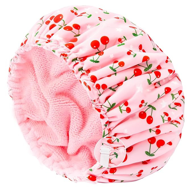 Shower Cap for Women Terry Lined Bath Cap Large Reusable Waterproof Elastic Band Pink Shower Caps... | Amazon (US)