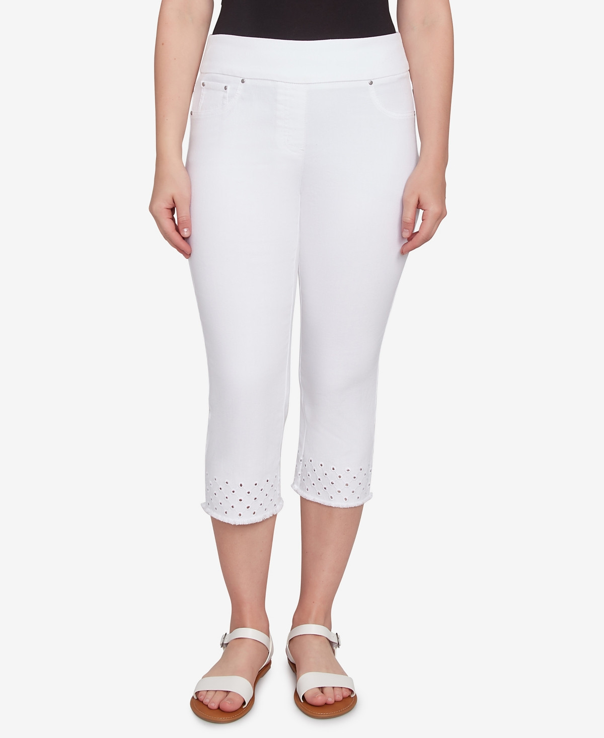Ruby Rd. Petite Embroidered Hem Soft Stretch Denim Capri Jeans - White | Macy's