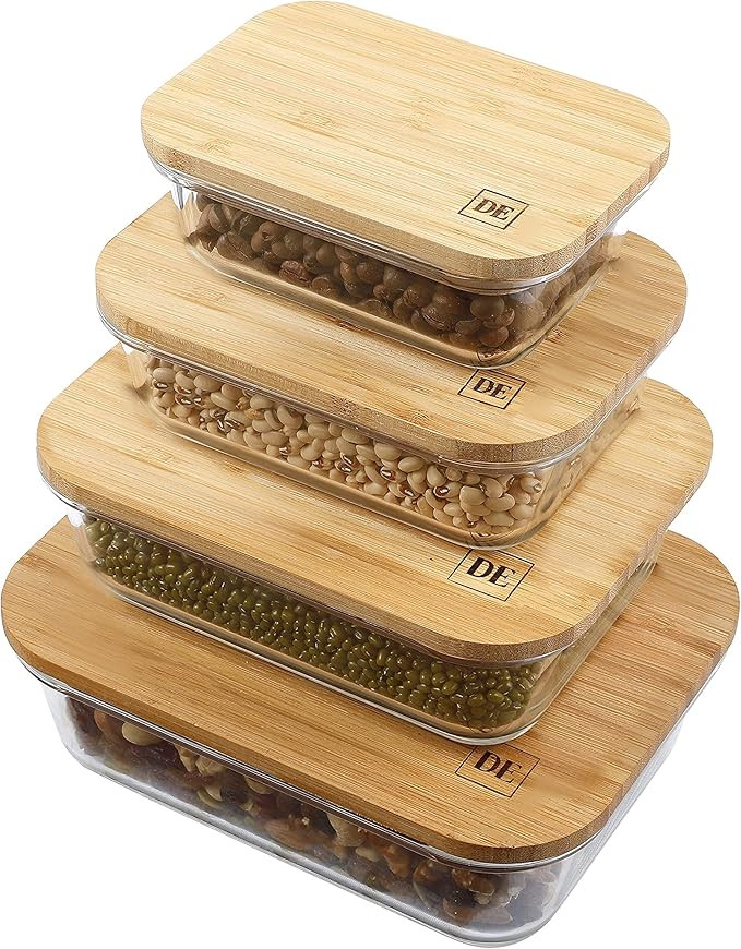 DE Plastic-Free Glass Food Storage Containers with Eco-Friendly Bamboo Wooden Lids, Set of 4 Pant... | Amazon (US)