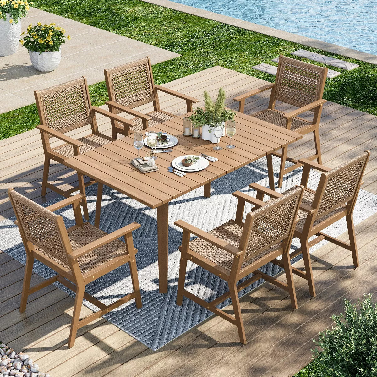 Captiva Designs 7Pc Outdoor Patio Light Brown Acacia Wood Rectangular Table & Wood Rattan Chairs | Target