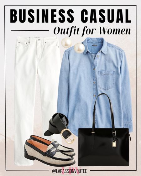 Effortlessly chic in timeless pieces: A classic chambray shirt paired with tailored straight jeans, cinched at the waist with a sleek belt. Accessorized with understated stud earrings, a structured bag for polish, and finished with timeless penny loafers. Elevate your business casual game with this effortlessly sophisticated ensemble.

#LTKstyletip #LTKSeasonal #LTKworkwear