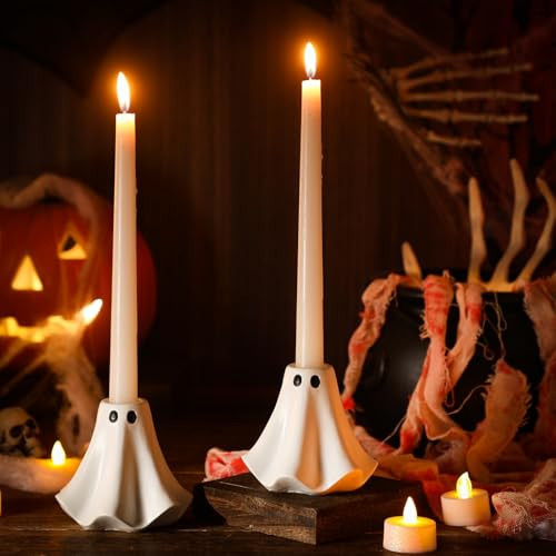 Conelist 2 Pcs Halloween Ghost Candlestick Holders Cute Ghost Shape Candle Stick Holders Ceramic Taper Candle Holder for Halloween Wedding Party Holiday Office Home Decor Gift | Amazon (US)