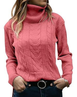 Langwyqu Womens' Turtleneck Long Sleeve Cable Knit Sweaters | Amazon (US)