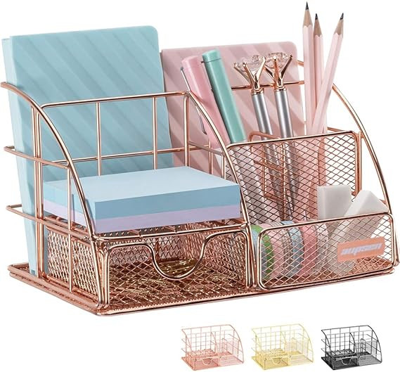 Rose Gold Desk Organizer for Women, AUPSEN Mesh Office Supplies Desk Accessories, Features 5 Comp... | Amazon (US)