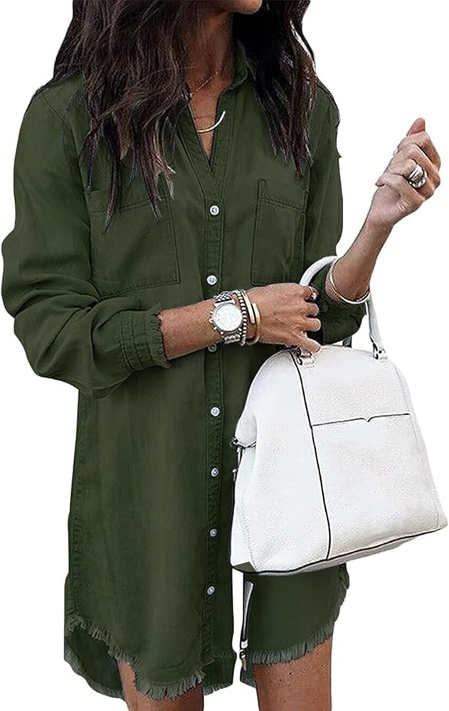 Zilcremo Women Denim Shirt Dresses Long Sleeve Distressed Jean Dress Button Down Casual Tunic Top | Amazon (US)