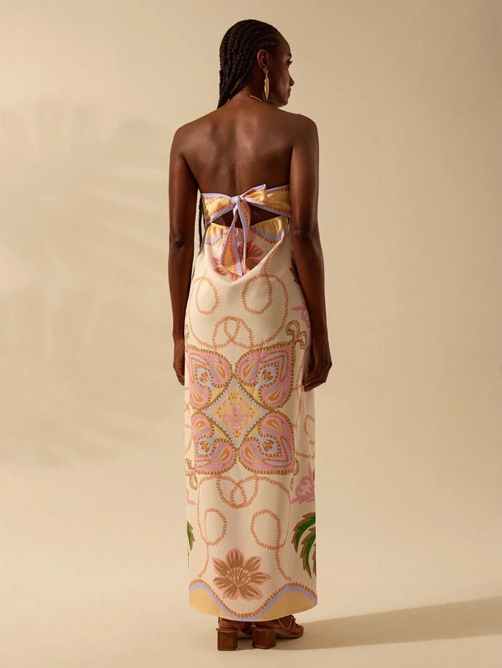 CAJUNI Women's Boho Tropical Print Sleeveless Hollow Out Tied Back Maxi Beach Summer Dress | SHEIN