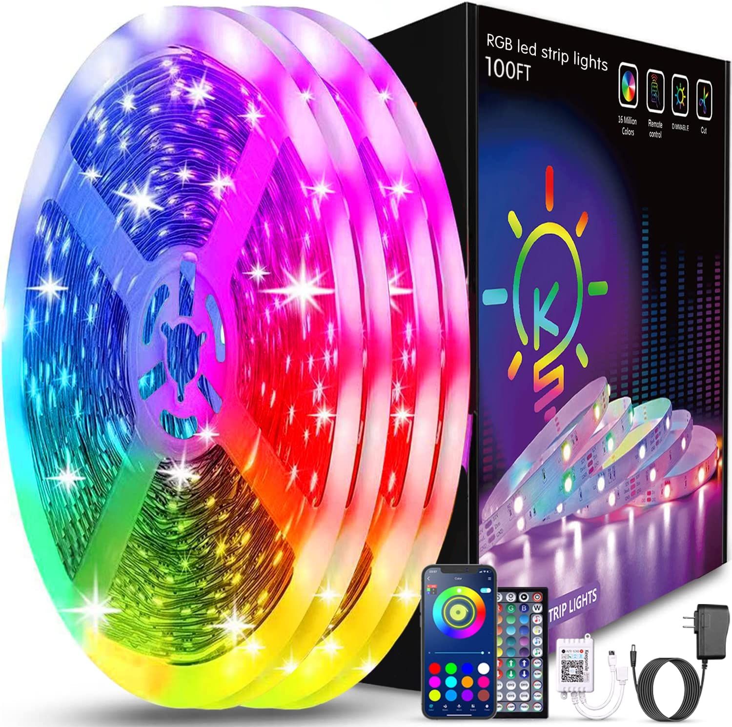 Keepsmile 100ft Led Strip Lights (2 Rolls of 50ft) Bluetooth Smart App Music Sync RGB Color Chang... | Amazon (US)