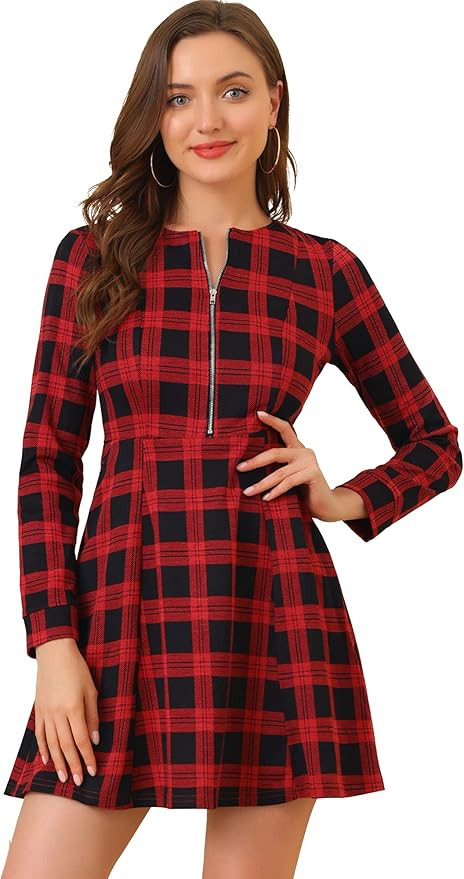 Allegra K Women's Vintage Plaid Houndstooth Long Sleeve Work Office Zip Up Fit and Flare Mini Dre... | Amazon (US)