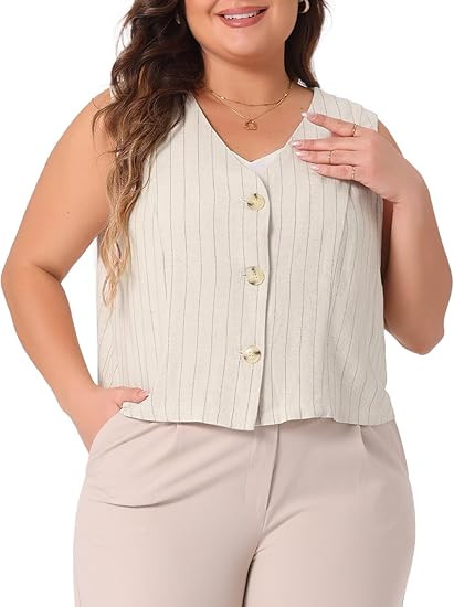 Agnes Orinda Plus Size Linen Vest for Women Sleeveless Button Down V Neck Crop Top Summer Waistco... | Amazon (US)