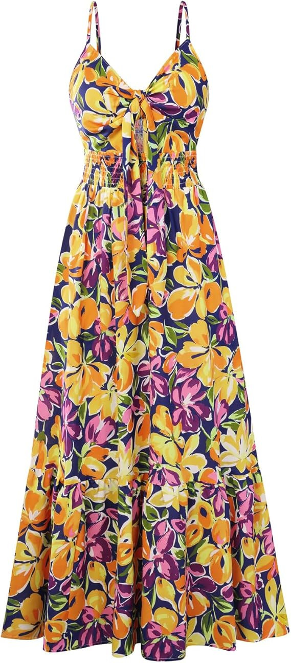 GRACE KARIN Women's 2026 Summer Maxi Dress Floral Tie Front Spaghetti Strap Casual Boho Beach Flo... | Amazon (US)