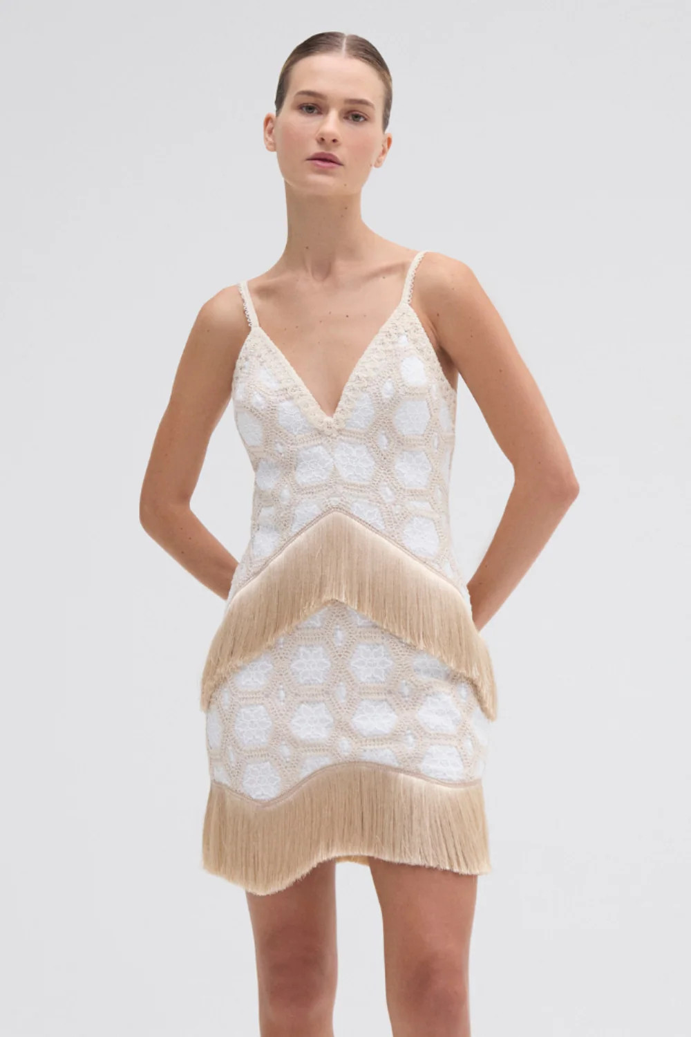 NATURAL CROCHET PLUNGE MINI DRESS | PatBO