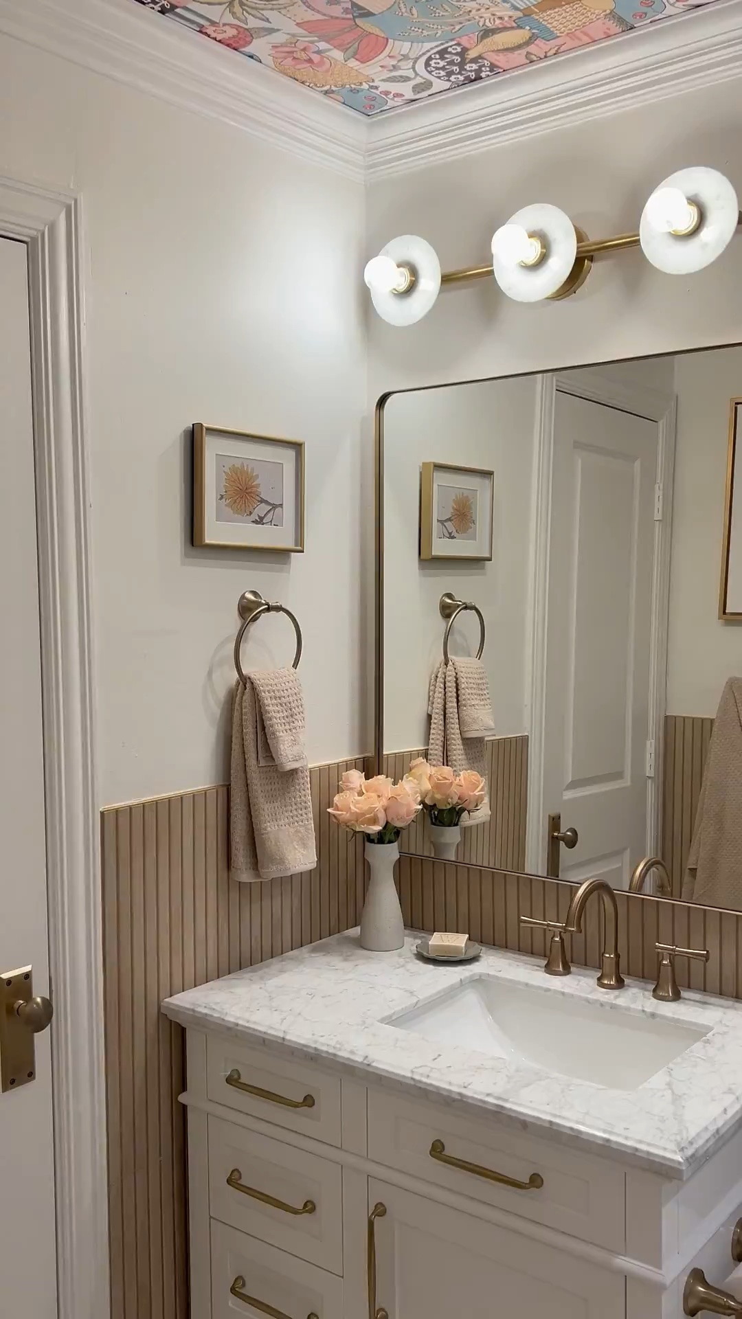 One of my favorite bathroom design ideas: keeping the walls classic and adding personality to the ceiling. The subway tile, marble accents, brass hardware, and statement wallpaper create a timeless look that won’t go out of style.

#LTKSeasonal #LTKHome