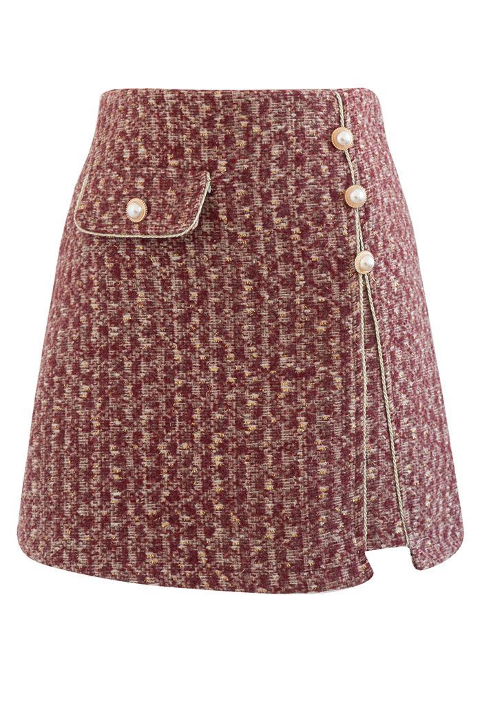 Golden Fringe Buttoned Tweed Mini Bud Skirt in Red | Chicwish