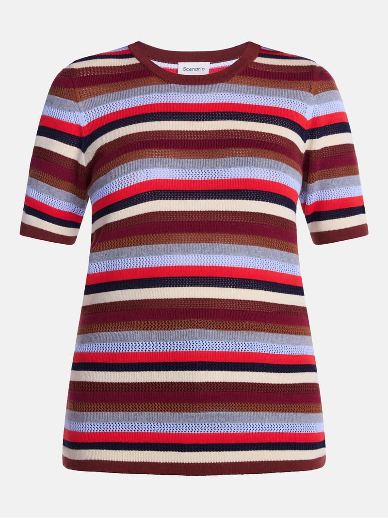 Scenario Women's and Women's Plus Stripe Sweater with Short Sleeves, Sizes XS-4X | Walmart (US)