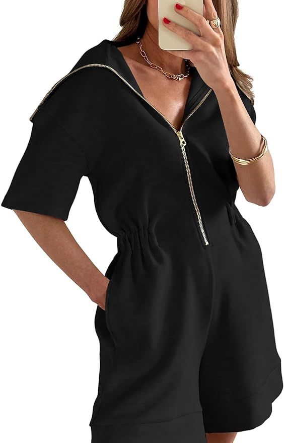 Tongmingyun Women's Casual Oversized Collar Rompers Elegant Cotton Short Sleeve Zip Up Short Jump... | Amazon (US)