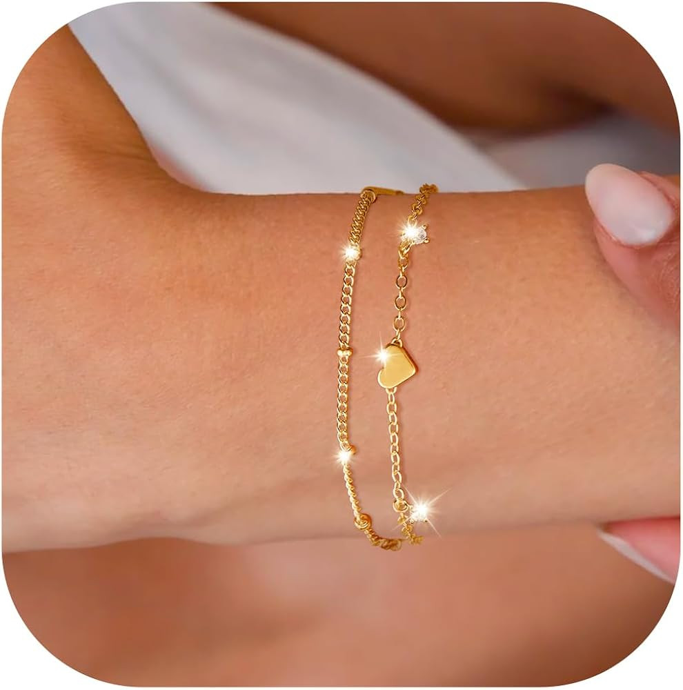 Poxtex Gold Bracelets for Women, Dainty Bracelets for Women Trendy, 14K Real Gold Bracelets Stack... | Amazon (US)