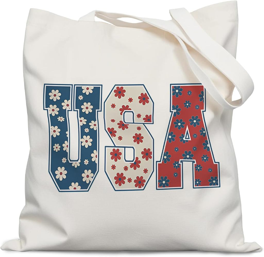 Retro Floral USA Tote Bag, America Patriotic Canvas Tote Bags for Women, Red White and Blue USA T... | Amazon (US)