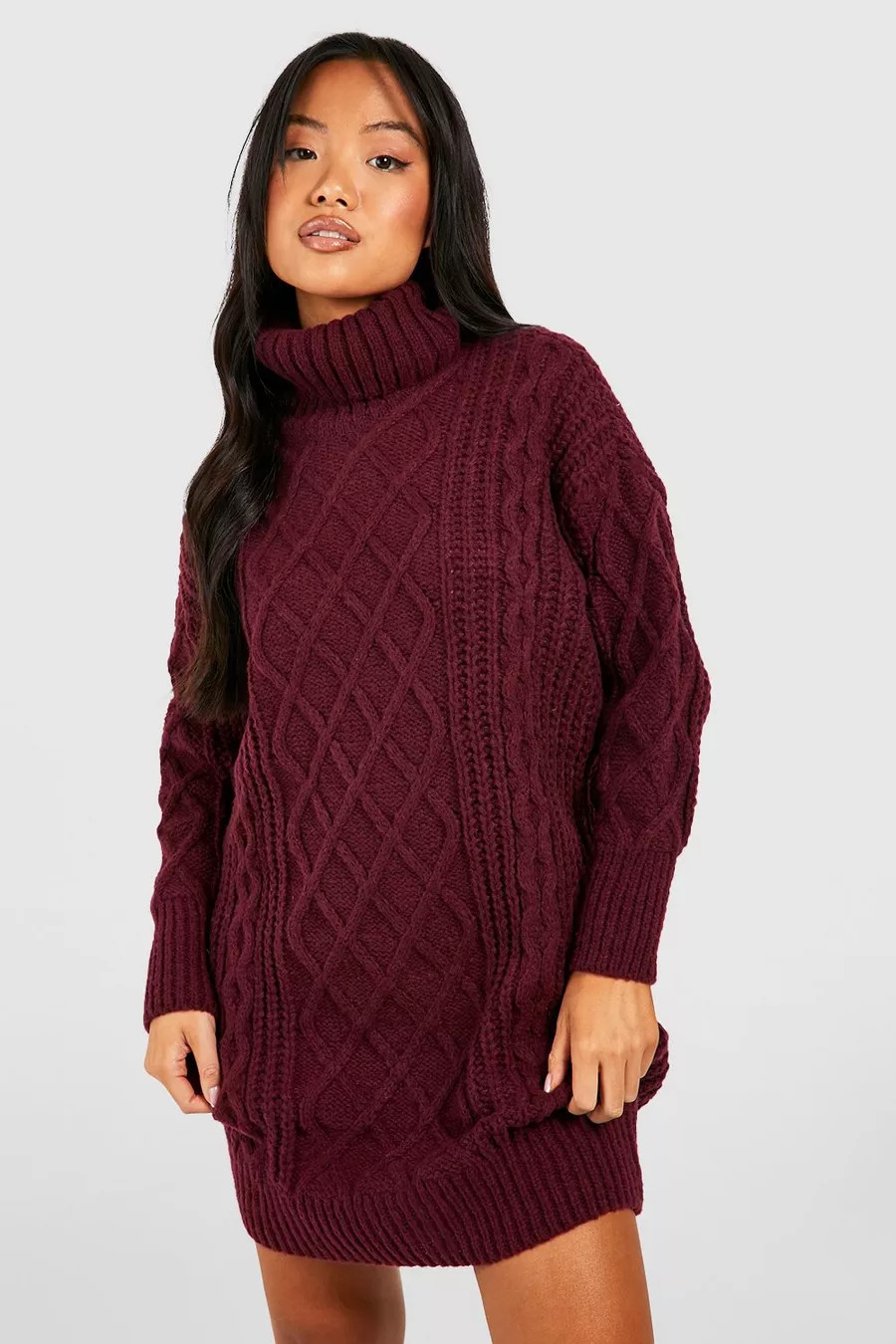 Petite Roll Neck Diamond Cable Knit Jumper Dress | Boohoo.com (UK & IE)