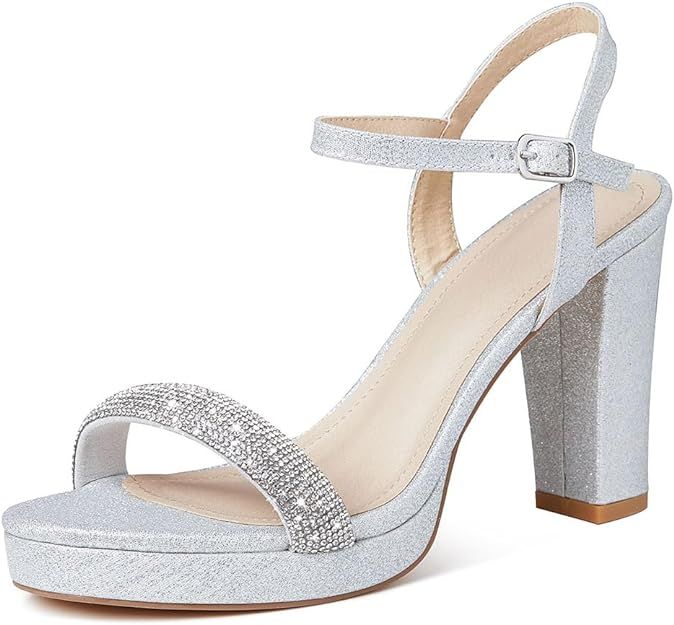 Platform Sandals for Women Rhinestones Heeled Sandals for Women Silver Open Toe Block Chunky Heel... | Amazon (US)