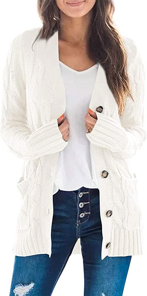 ZESICA Women's Casual Long Sleeve Button Down Open Front Cable Knit Cardigan Sweater Coat | Amazon (US)