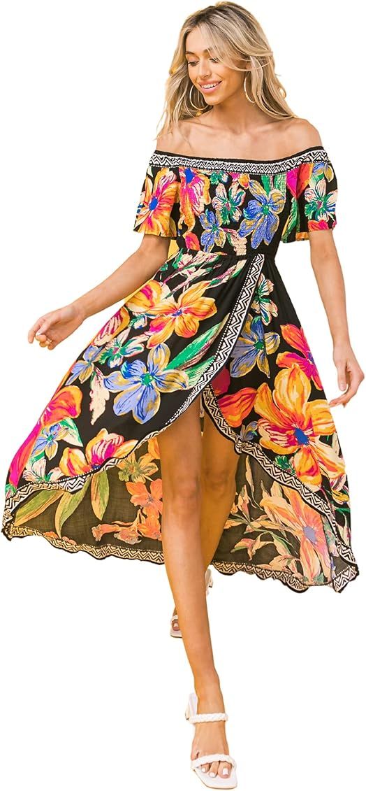 Bohemian Off Shoulder Maxi Dress - Hi Low Hem Tropical Floral Smocked Dress | Amazon (US)