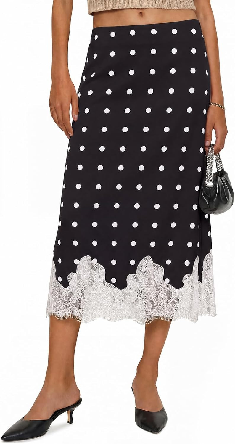 Cicy Bell Women Silk Satin Midi Skirts Casual Dressy Lace Hem Elegant Skirt | Amazon (US)