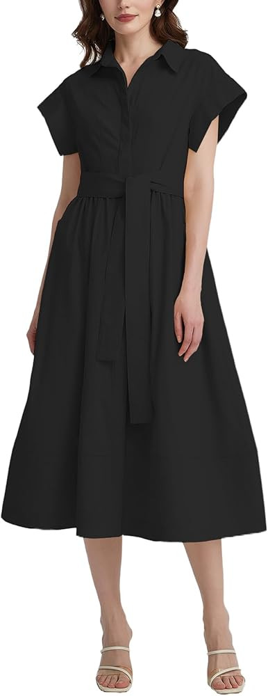 Women's Belted Shirt Midi Dress Casual Short Wing Sleeve Button Down Lapel V Neck Dress | Amazon (US)