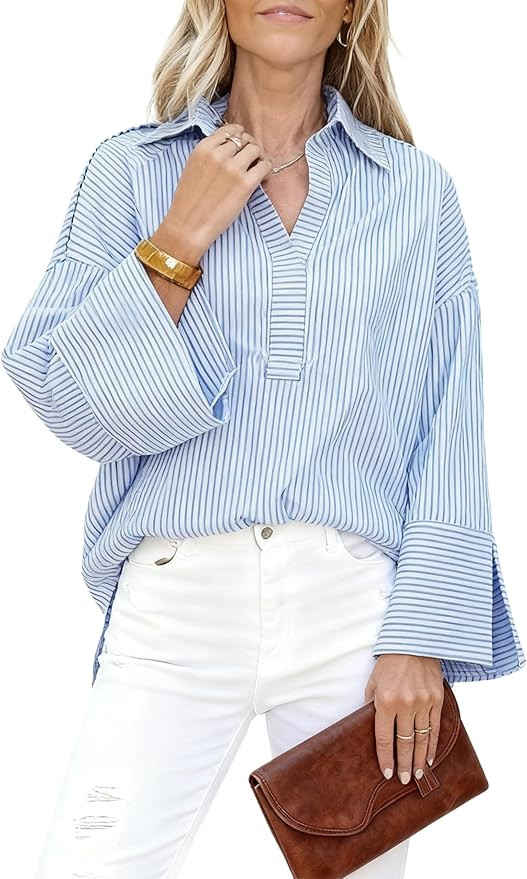Watashi Women Button Down Shirt Casual Striped Print Dressy Henley Shirts Oversize Long Sleeve Co... | Amazon (US)