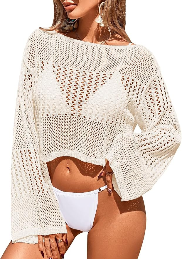 BreathSunny Womens Crochet Swimsuit Coverup Cropped Tops Summer 2026 Off Shoulder Ruffle Trim Bea... | Amazon (US)