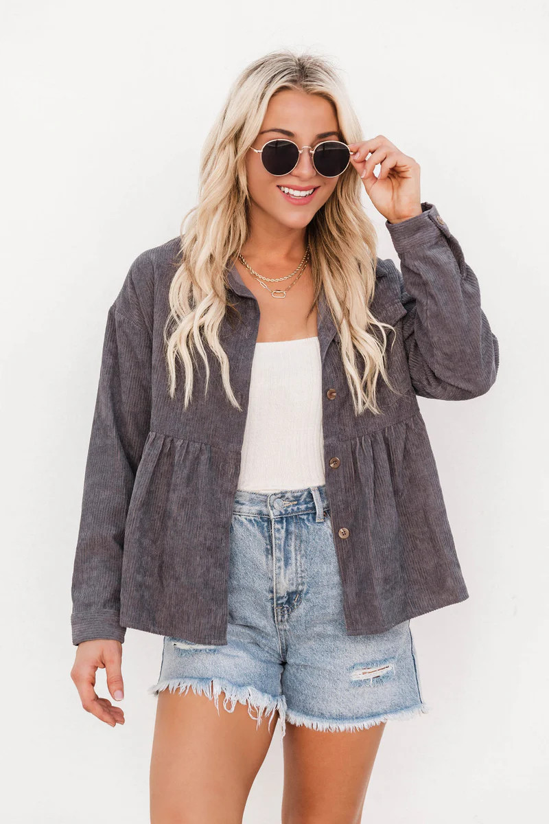 Keep The Class Charcoal Corded Peplum Hem Shacket FINAL SALE | Pink Lily