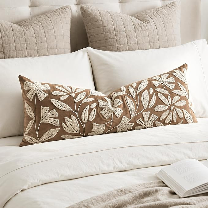 14x36 Lumbar Pillow Cover for Bed, Brown Rectangular Long Throw Pillowcase, Embroidered Velvet Fl... | Amazon (US)