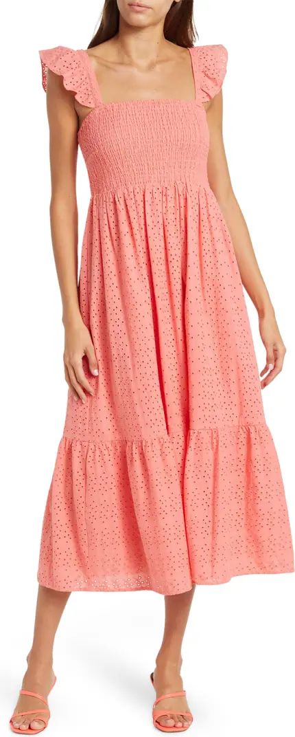 Embroidered Eyelet Smocked Tiered Cotton Midi Dress | Nordstrom Rack