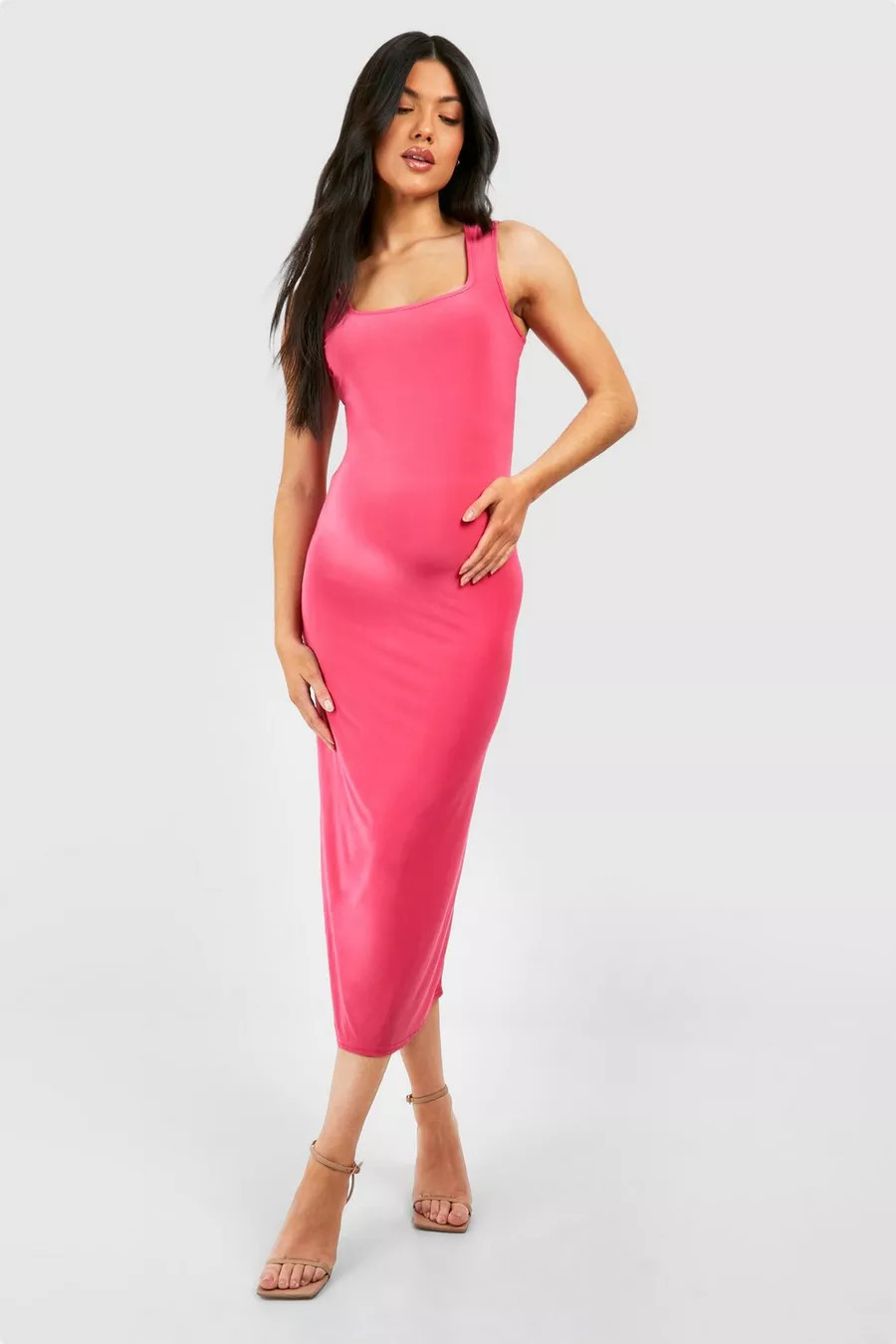 Maternity Sleeveless Square Neck Slinky Midi Dress | Maternity Photos #LTKbump #LTKbaby | boohoo (US & Canada)