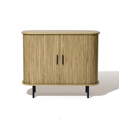 LuxenHome Sideboard Buffet Cabinet with Storage, 35" Mid-Century Modern 2-Door Accent Cabinet with Slatted Sliding Doors and Shelf, Oak | Target