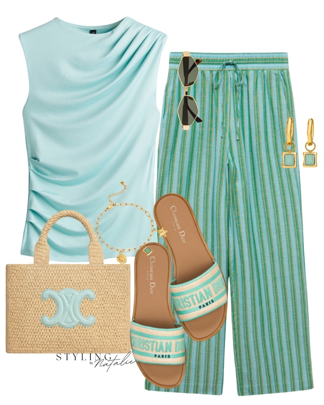 Casual  summer outfit🩵 
Green/blue stripe pull on trousers, turquoise draped top, Dior sandals, Celine raffia bag, charm bracelet & earrings and Celine sunglasses.
Breezy outfit, everyday outfit, holiday outfits, heatwave style.

#LTKstyletip #LTKsummer #LTKuk