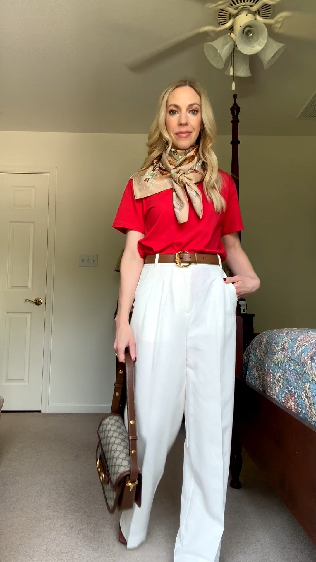 Over 40 business casual outfits, workwear, red tee, vintage silk scarf, white linen pants

#LTKOver40 #LTKWorkwear #LTKSeasonal